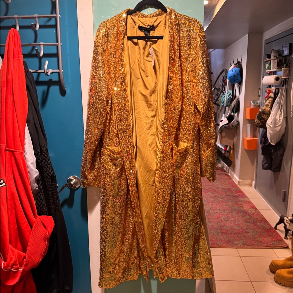 Gold sequin trench